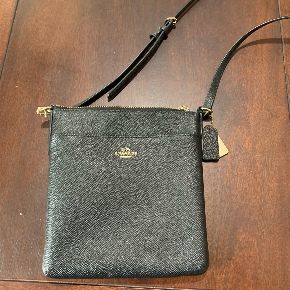Coach Black Leather Crossbody with Gold Accents
